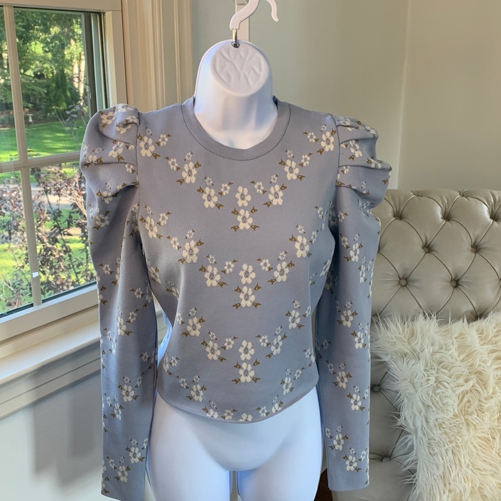 🌸Zara Long Sleeve Cropped Knit Sweater with Flower Print In Light Blue Size S🌸